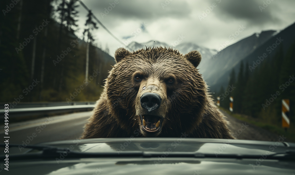 Brown bear in front of car crossing the road.Wild grizzly bear crossing into traffic on mountain road. Wildlife concept copy space - obrazy, fototapety, plakaty 