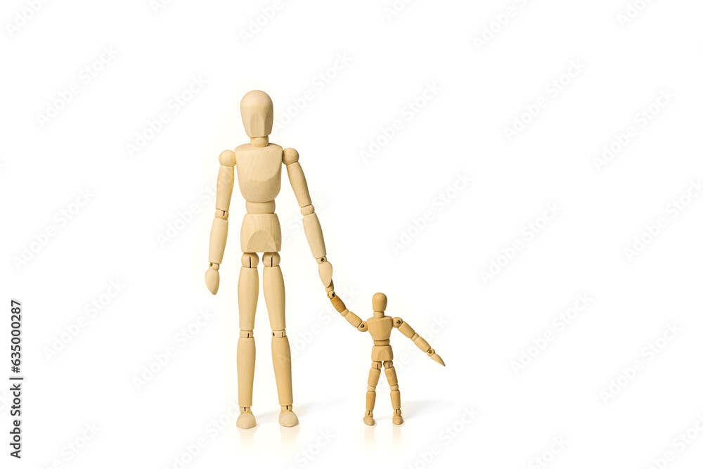 Concept image of a wooden mannequin adult holding hands with a child isolated on a white background with copy space. Concept image of a wooden mannequin adult holding hands with a child isolated on a white background with copy space.