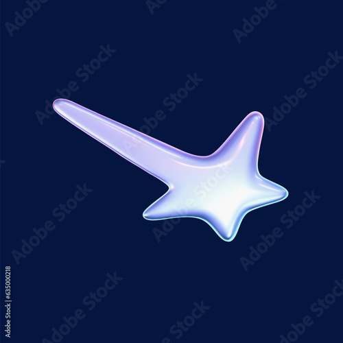 3d holographic falling or flying star in y2k futuristic style isolated on dark background. Render 3d cyber chrome galaxy shooting star emoji with blings and sparks. 3d vector y2k illustration