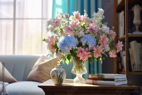 A bouquet of beautiful flowers in a vase on the table in the living room. Interior design, decoration concept