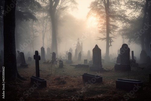 Spooky misty graveyard