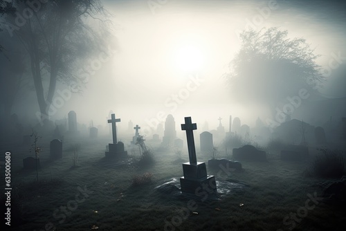 Spooky misty graveyard photo