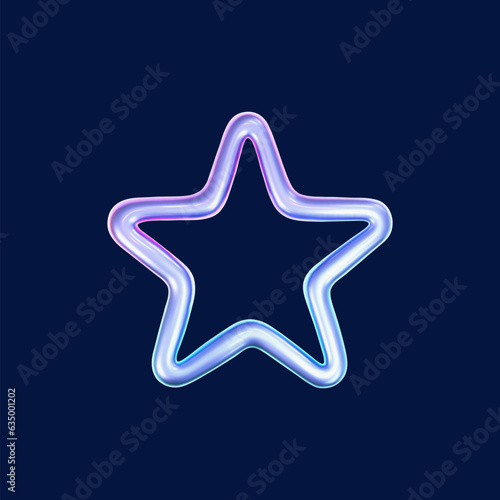 3d holographic outline star in y2k futuristic style isolated on dark background. Render 3d cyber chrome galaxy emoji with falling and flying stars, blings and sparks. 3d vector y2k illustration