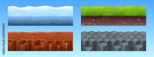 Game seamless ground and underground layer with water or ice, soil ground of grass field, stone and clay surface. Subterranean textures of land cross sections. Cartoon vector illustration set.