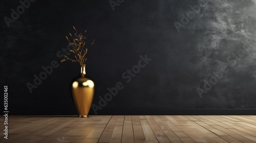 A beautiful black empty textured wall and a golden vas Generative Ai