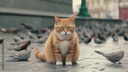 A group of homeless cats on the city street hunts pige Generative Ai photo