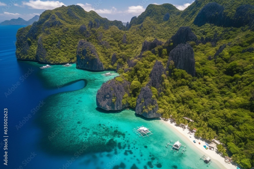 A stunning aerial view of El Nido's cliffs and crystal-clear turquoise water - a must-visit vacation spot. Generative AI