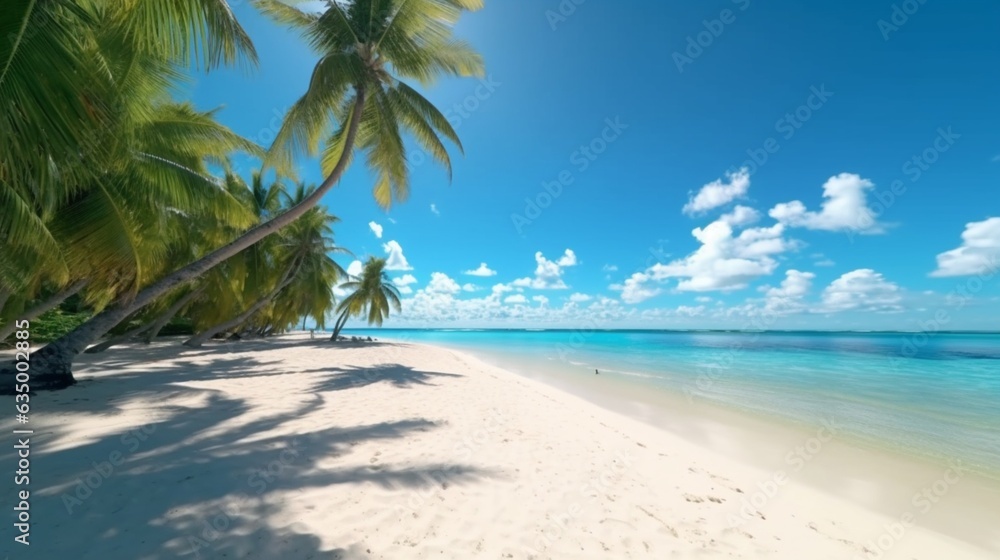 Beautiful beach with white sand shadows from leaves of Generative Ai