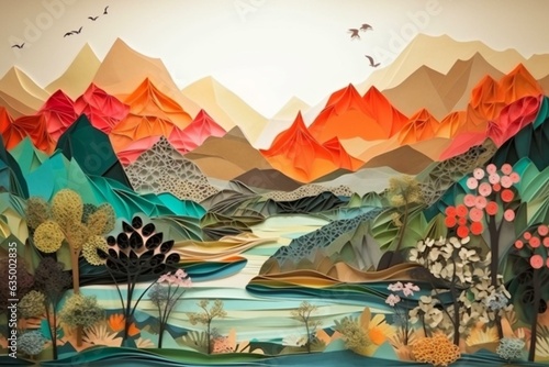 Artistic paper collage of a stunning landscape. Generative AI