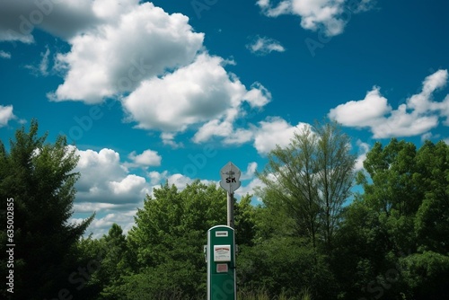 Gas pump with Falsillo sign, green background with trees & blue sky containing clouds. Generative AI