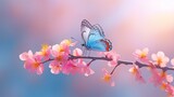 Beautiful blue yellow butterfly in flight and branch o Generative Ai
