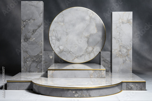 A marble pedestal with a circular mirror on top of it. Digital image. Beauty product mockup.