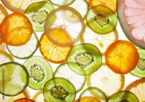 Sliced citrus fruit cross sections on white background. Food background.