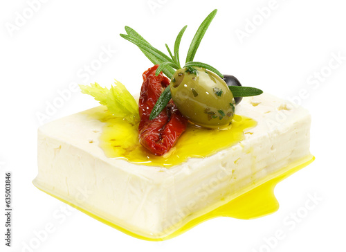 Whole Feta Cheese with Olives and Olive Oil - Transparent PNG Background