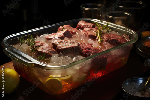 Meat in a tray soaked under broth