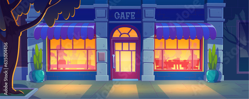 Night cafe facade with silhouettes of people inside. Vector cartoon illustration of door and illuminated windows of restaurant, shadows of men and women dining at tables, dark urban street with tree