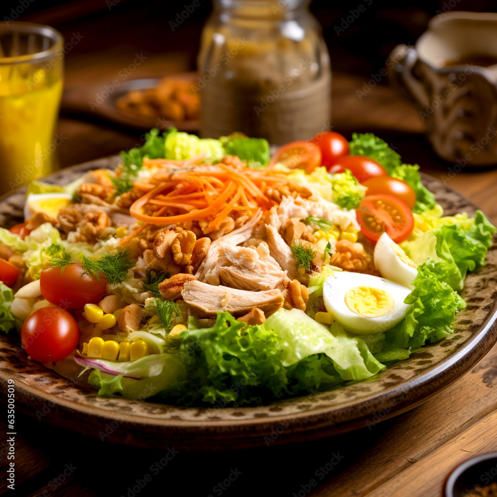 A plate of chicken salad with vegetables on a wooden table A plate of chicken salad with vegetables on a wooden table