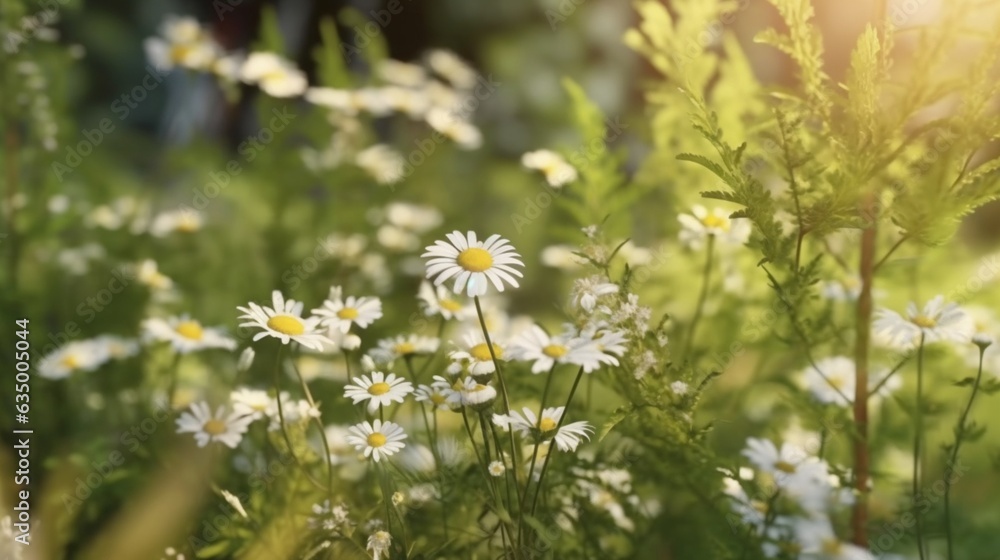 Beautiful wild chamomile flowers in nature outdoors wi Generative Ai