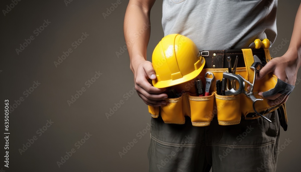 Closeup image of a male construction worker holding yellow helmet and tool belt. Closeup image of a male construction worker holding yellow helmet and tool belt.