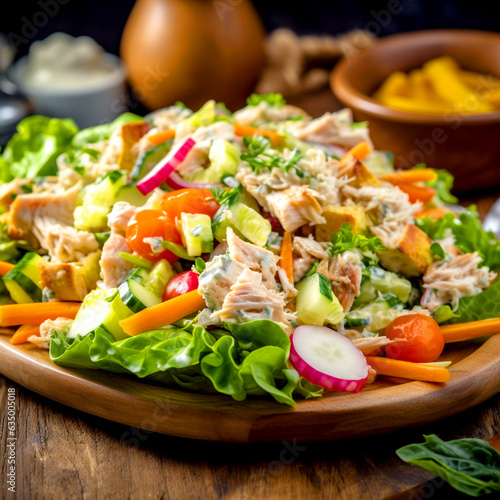 A plate of chicken salad with vegetables on a wooden table