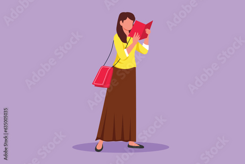 Graphic flat design drawing young lady with short hairstyle, trendy bag holding book. Girl reading function book or schoolbook. Student, bibliophile, literature fan. Cartoon style vector illustration