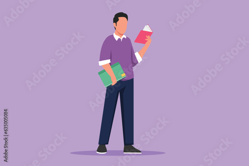 Cartoon flat style drawing young man stands and holds book in hands. Guy reading book. Student in university library. Boy spending spare time by reading literature. Graphic design vector illustration