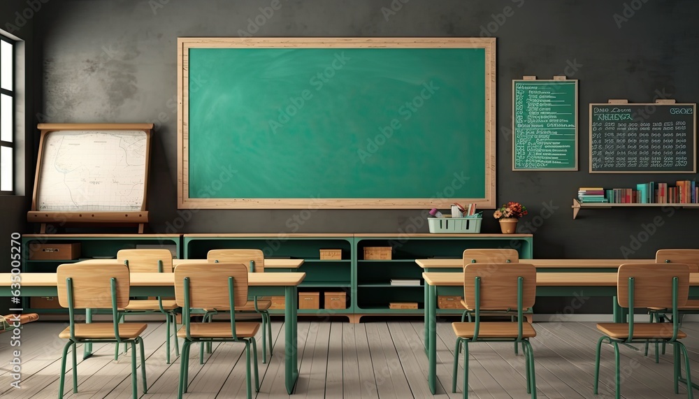Classroom with green chalkboard - obrazy, fototapety, plakaty 