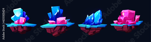 Magic game crystal floating stone island vector. Gemstone and diamond isolated cluster clipart illustration. Mineral ruby, sapphire and diamond gui element set. Jewelry platform on black background