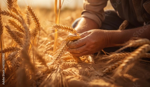 A man's hand holds spikelets of grain