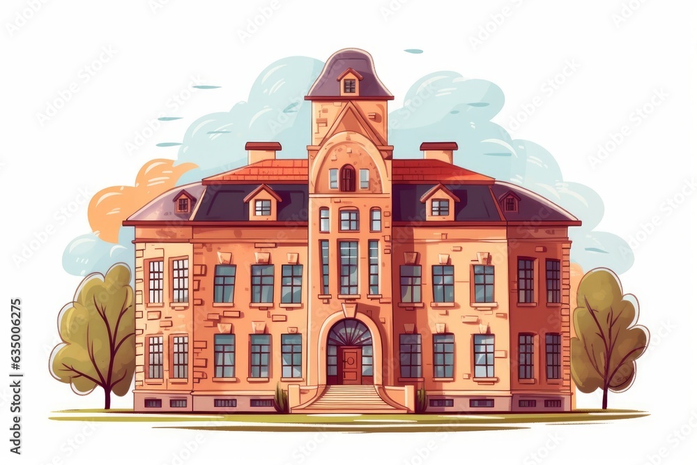 Cartoon Style School Building on White Background. AI generated