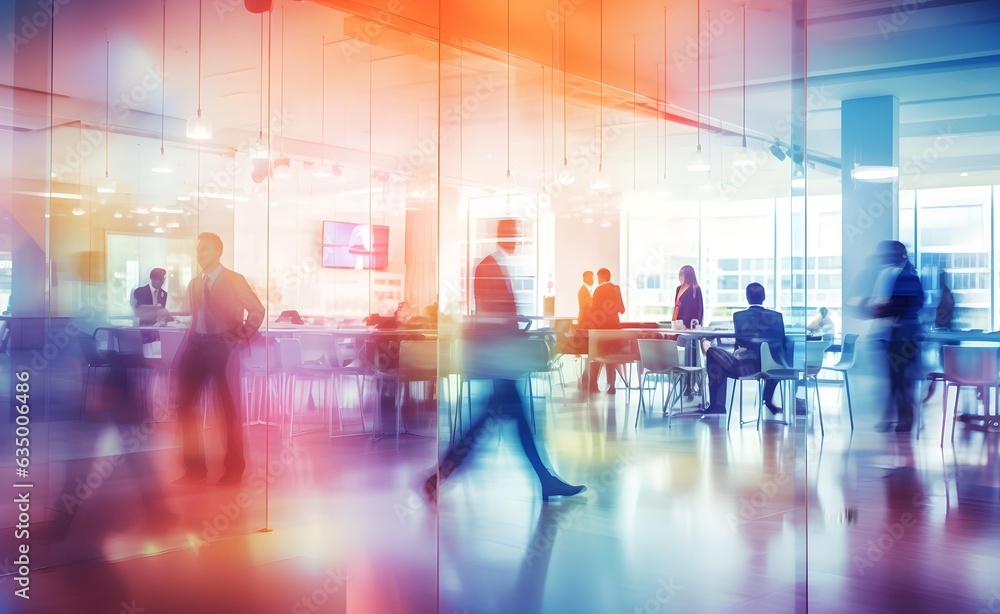 Blurred silhouettes of people in a coworking space or office space, vibrant bright colours. Generative AI. Blurred silhouettes of people in a coworking space or office space, vibrant bright colours. Generative AI.
