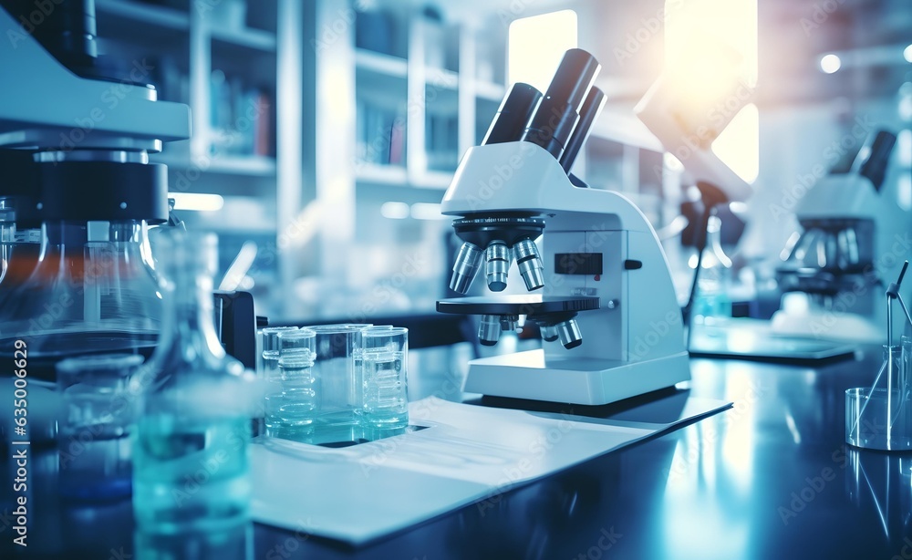 Details of medical laboratory, scientist hands using microscope for chemistry test samples. Generative AI. Details of medical laboratory, scientist hands using microscope for chemistry test samples. Generative AI.