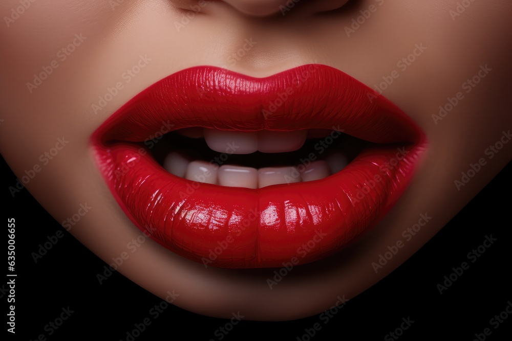 Beautiful female lips with red lipstick on black background, closeup, Beautiful female sexy lips, AI Generated Beautiful female lips with red lipstick on black background, closeup, Beautiful female sexy lips, AI Generated