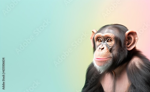 Creative animal concept. Chimpanse head over pastel bright background. Generative AI. © Curioso.Photography