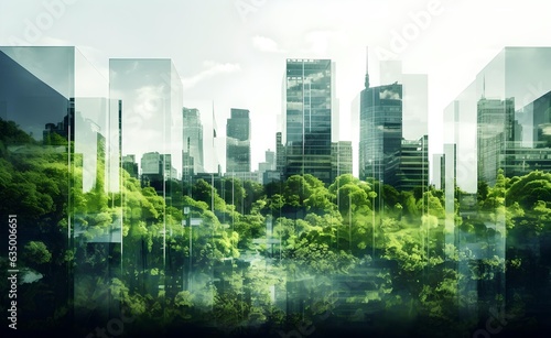 Double exposure of lush green forest and modern skyscrapers windows of building, Green city concept. Generative AI.