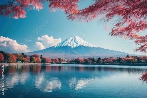 Mt. Fuji and lake Kawaguchiko, Japan. Beautiful Fuji mountain and lake landscape view with colorful tree leaves, AI Generated © Ifti Digital