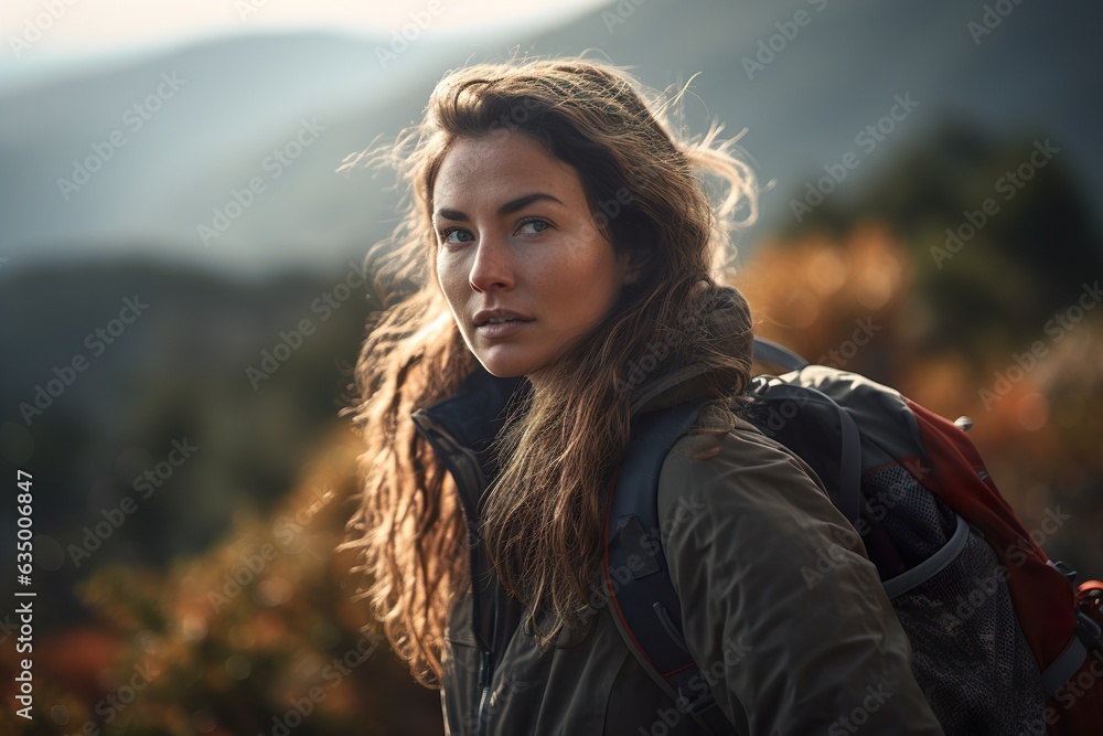 Portrait of woman tourist with backpack during hiking the mountains Portrait of woman tourist with backpack during hiking the mountains
