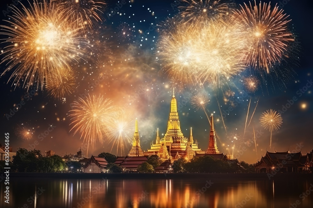 Fototapeta premium Beautiful firework show at Wat Arun temple, Bangkok, Thailand, Beautiful firework show for celebration with blur bokeh light over Phra Nakhon Khiri, AI Generated