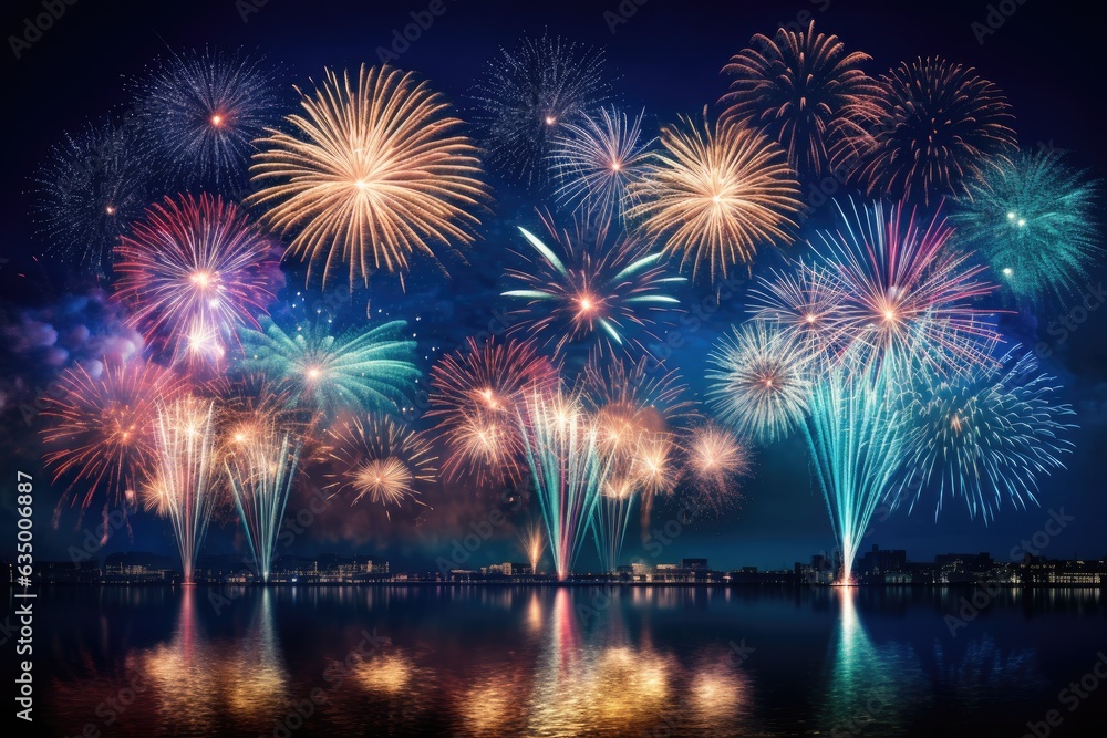 Colorful fireworks of various colors over night sky with reflection on water, Beautiful fireworks display for celebration night, AI Generated