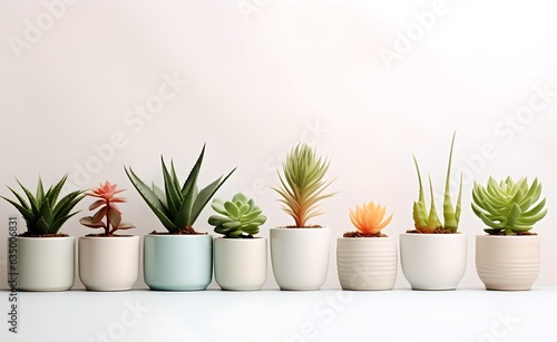 Pots with indoor plants, succulent, green herbs inside minimalism interior, pastel background. Generative AI.