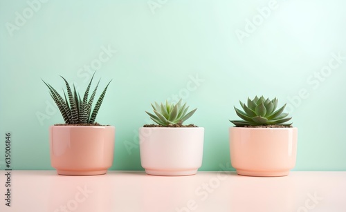 Pots with indoor plants, succulent, green herbs inside minimalism interior, pastel background. Generative AI.