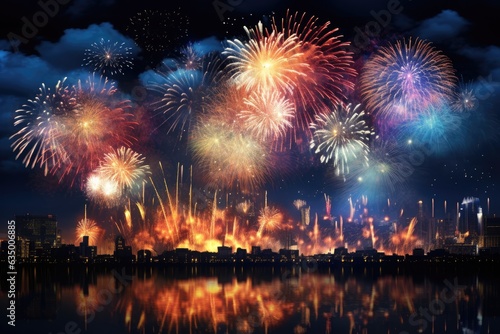 Colorful fireworks over night cityscape with reflection on water. Celebration concept, Beautiful fireworks display for celebration night, AI Generated
