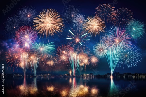 Colorful fireworks of various colors over night sky with reflection on water, Beautiful fireworks display for celebration night, AI Generated
