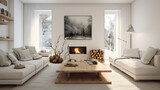 Interior Modern living room witt sofa, vase, table and white wall,Scandinavian living room design