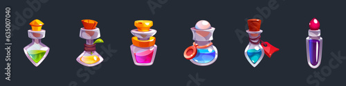 Glass bottles with magic elixir or potion. Cartoon vector illustration set of game icon vials with colorful liquid, corks and labels. Wizard or apothecary chemistry flasks with poison and antidote.