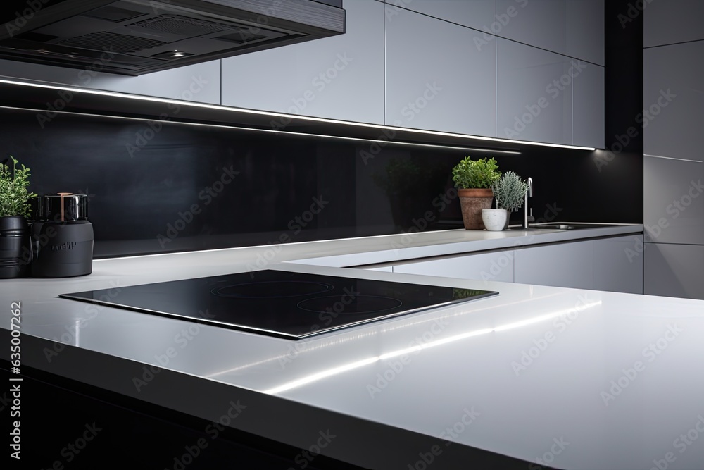 Blurred background reveals white glossy countertop, black built in induction stove, and a spacious white cupboard with an electrical oven, all in an empty kitchen. - obrazy, fototapety, plakaty 