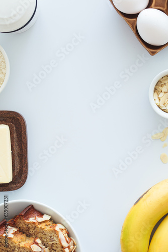 Frame of ingredients for baking banana bread background.