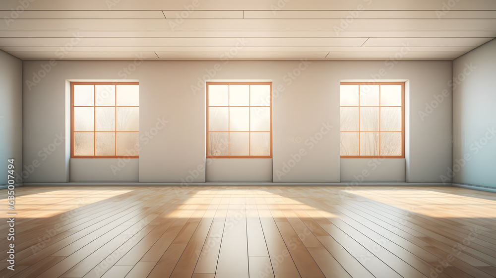 Empty Room There with windows, white walls, and a wooden floor, Mock up design for product presentation background or branding concept