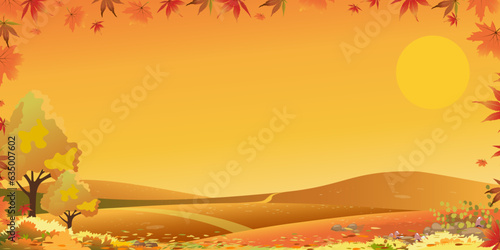 Autumn landscape of farm field with blue sky background,Horizon Fall season in countryside with cloud sky and Sun,Mountain,grass land in Orange foliage,Vector Vertical banner for Thanksgiving backdrop