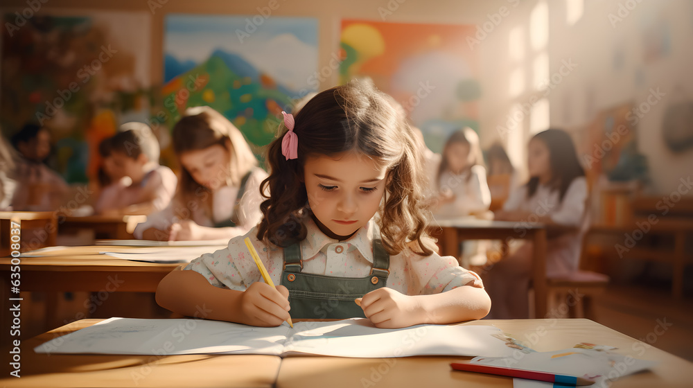 Girl studying in classroom. Ai generation. Girl studying in classroom. Ai generation.
